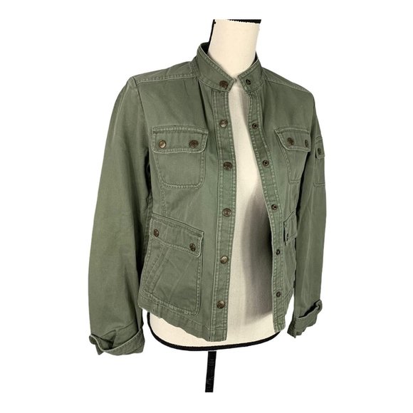 J Crew Factory Denim Jacket Womens Small Olive Snaps Pockets Nicely Worn In